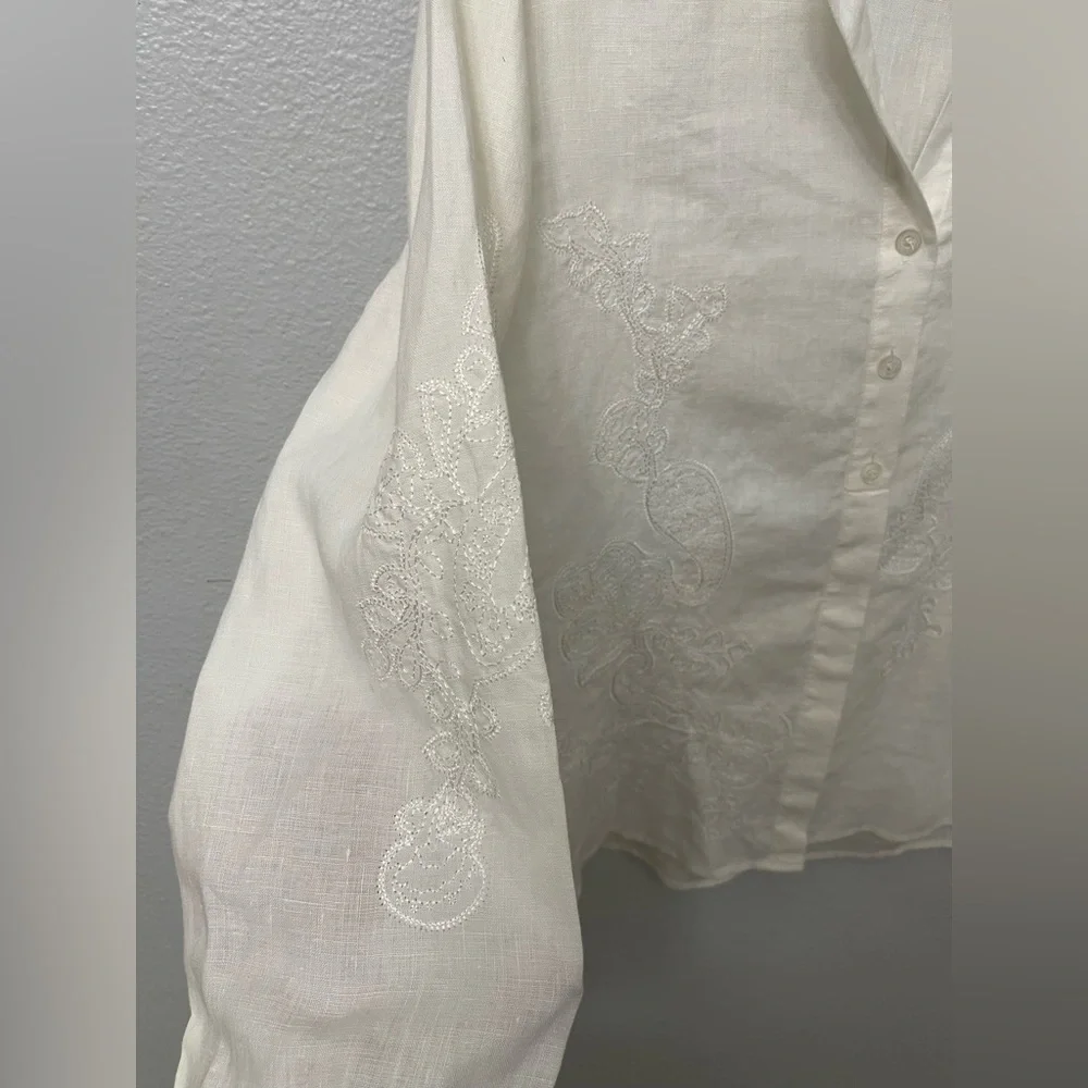 Liz Claiborne Linen Button Down Embroidered Cream Blouse Size M - Picture 9 of 11
